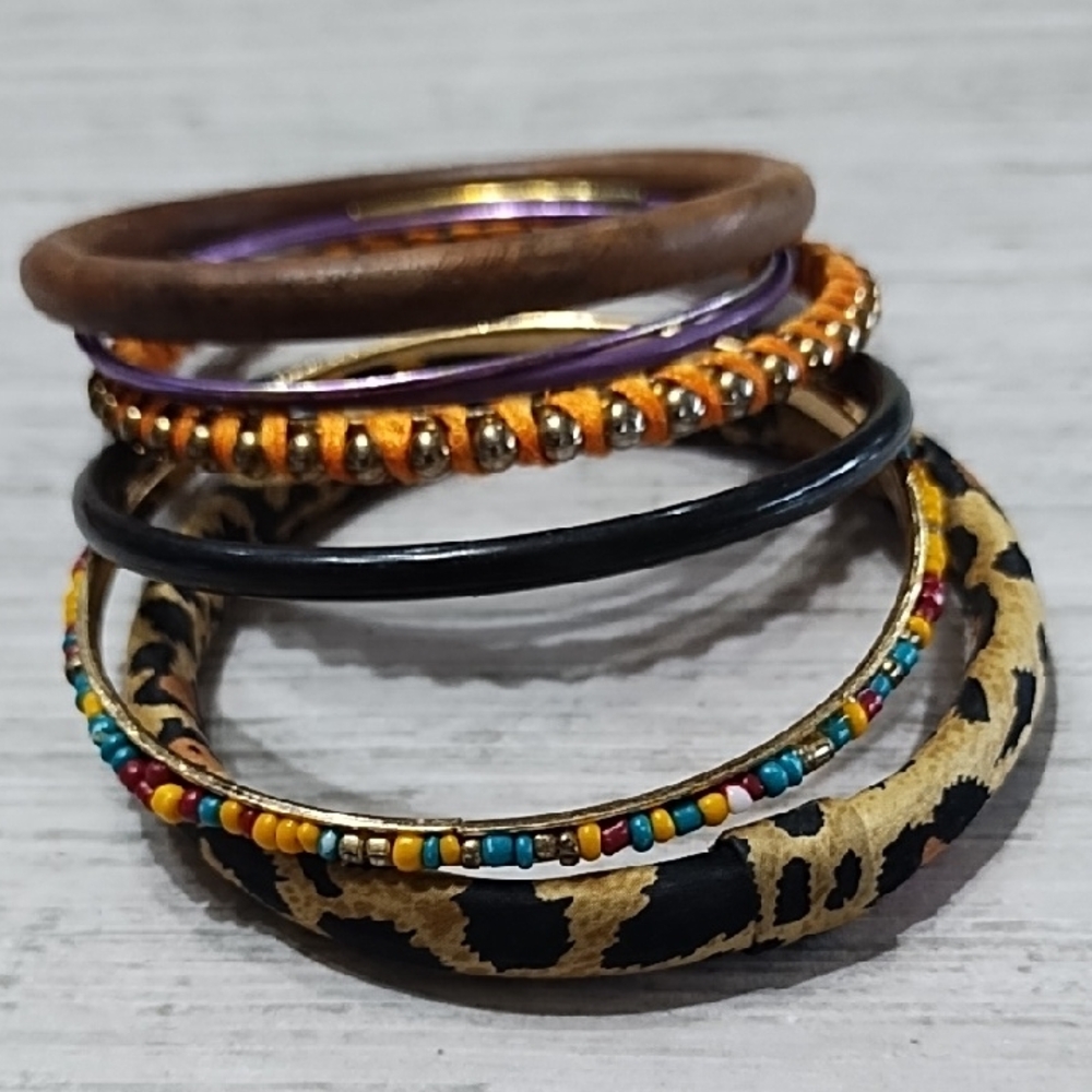 Set Of 6 Wacky Fun Multicolor Bangle Bracelets Wood Metal Beaded Wrapped Plastic